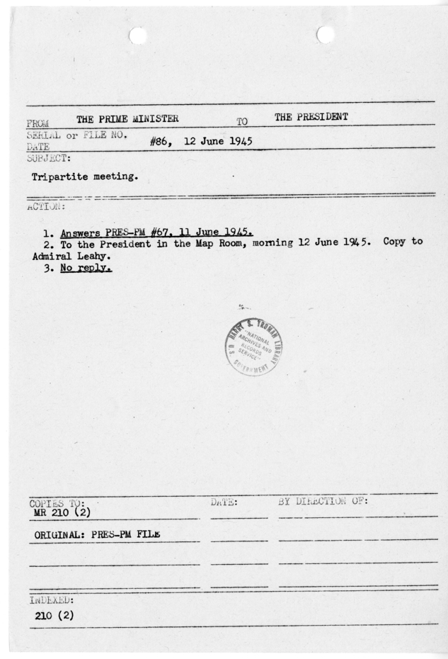 File Memo for Correspondence from Prime Minister Winston Churchill to President Harry S. Truman