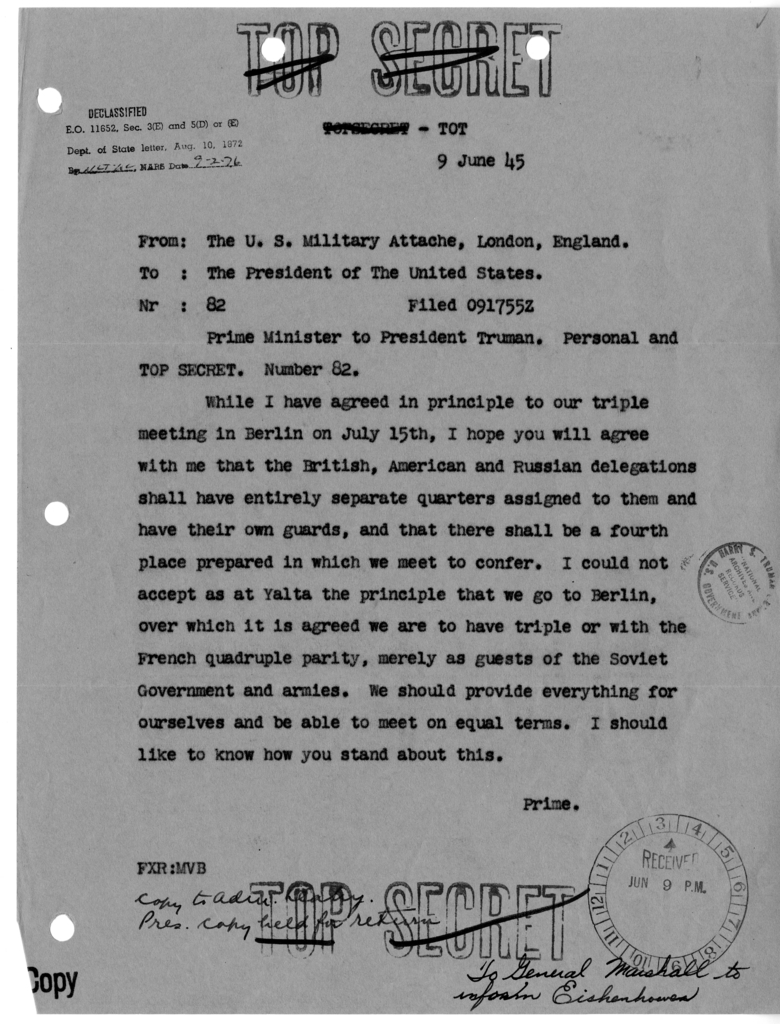 Cable from Prime Minister Winston Churchill to President Harry S. Truman [NR 82]