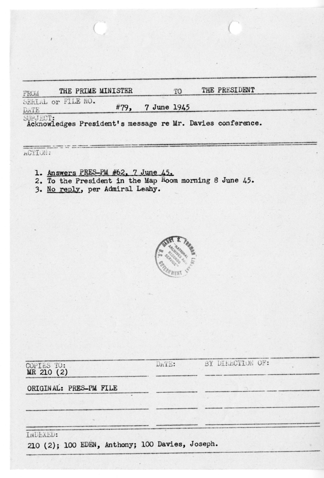 File Memo for Correspondence from Prime Minister Winston Churchill to President Harry S. Truman