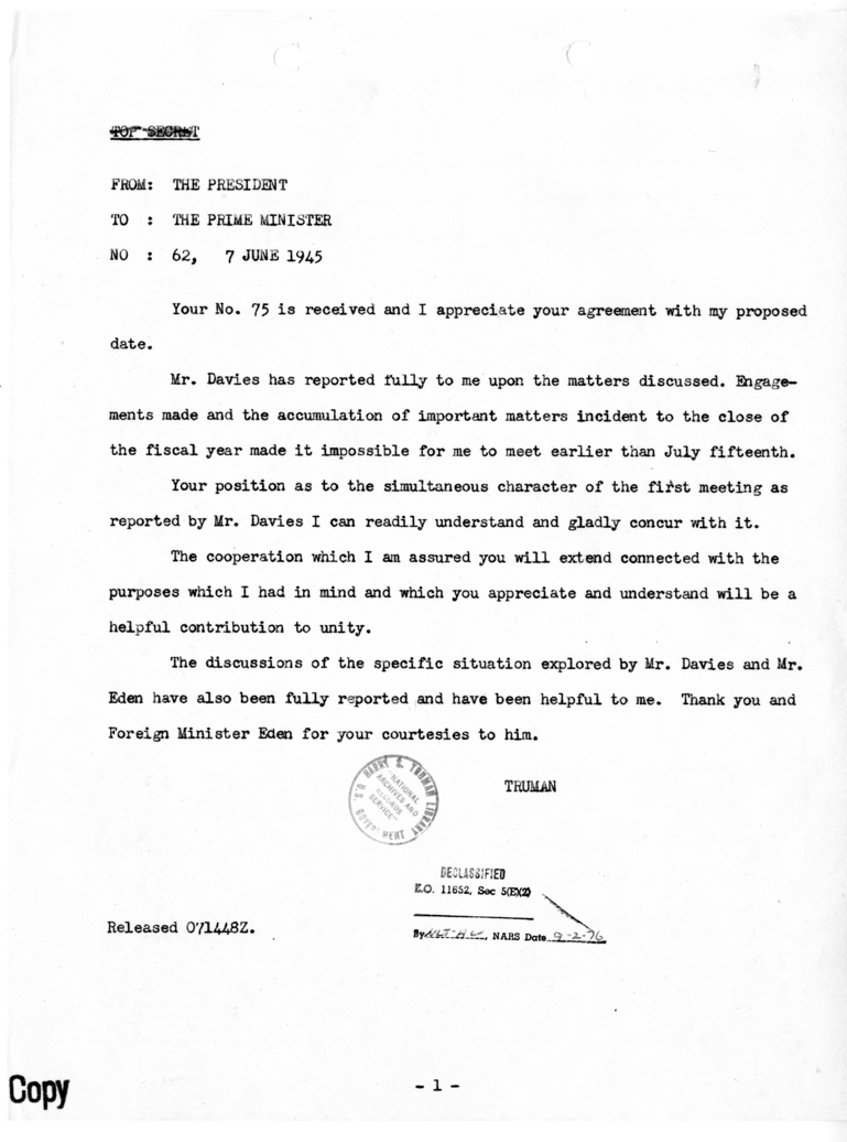 Cable from President Harry S. Truman to Prime Minister Winston Churchill