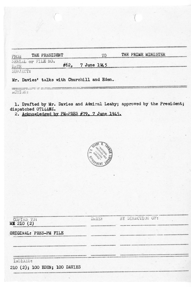 File Memo for Correspondence from President Harry S. Truman to Prime Minister Winston Churchill