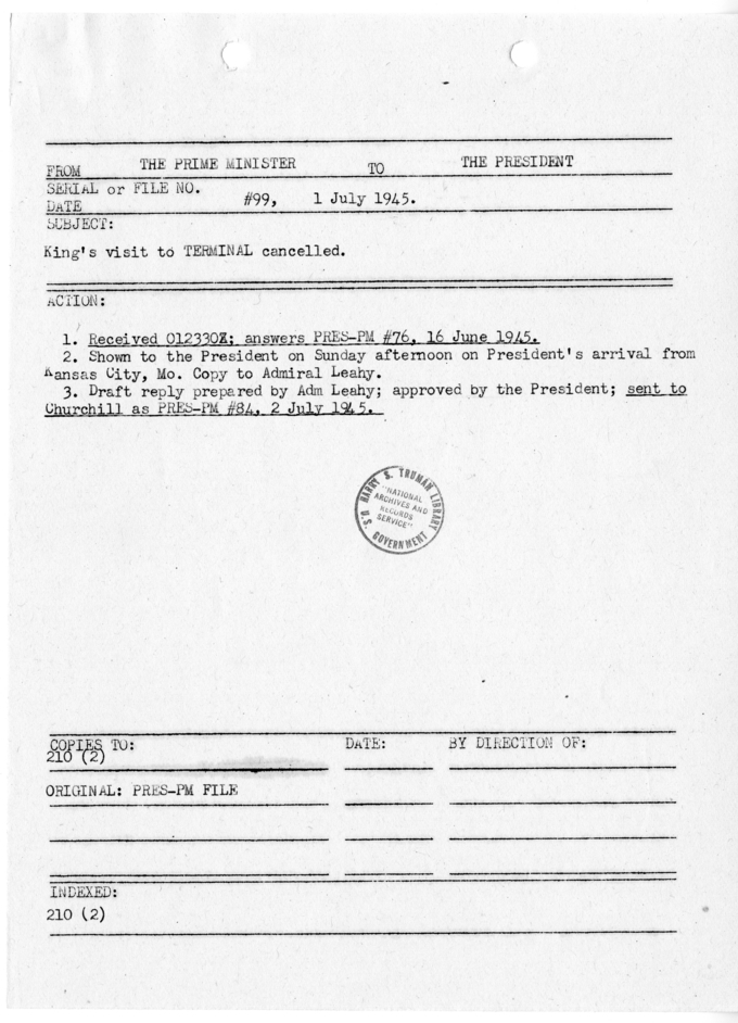 File Memo for Correspondence from Prime Minister Winston Churchill to President Harry S. Truman