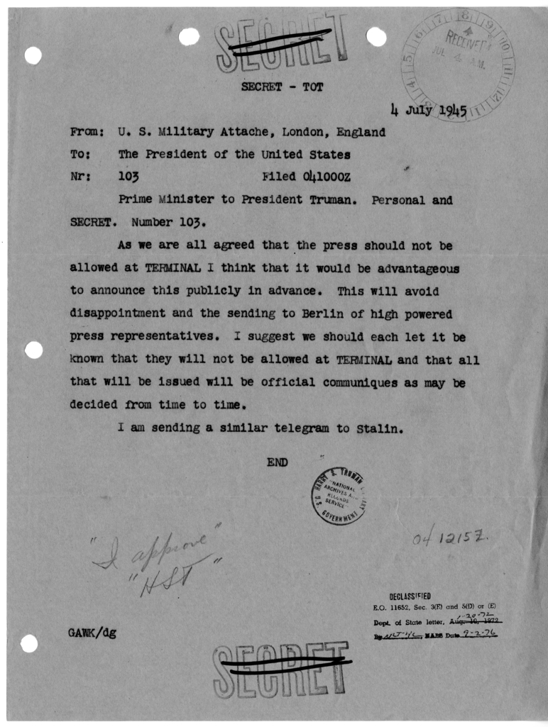 Cable from Prime Minister Winston Churchill to President Harry S. Truman [NR 103]