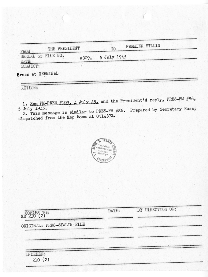 File Memo for Correspondence from President Harry S. Truman to Premier Joseph V. Stalin