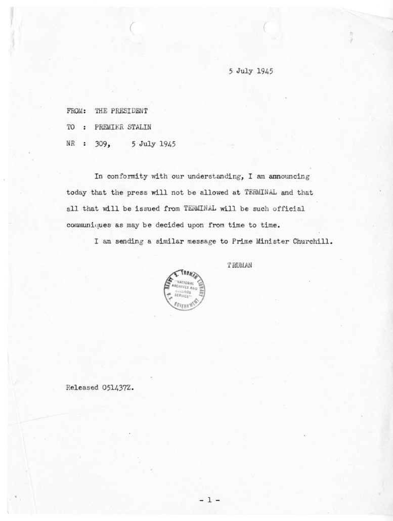 Cable from President Harry S. Truman to Premier Joseph V. Stalin [NR 309]