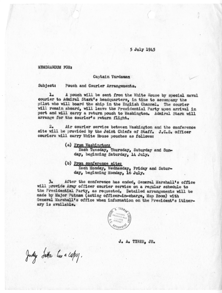 Memorandum from Commander J.A. Tyree to Captain James Vardaman