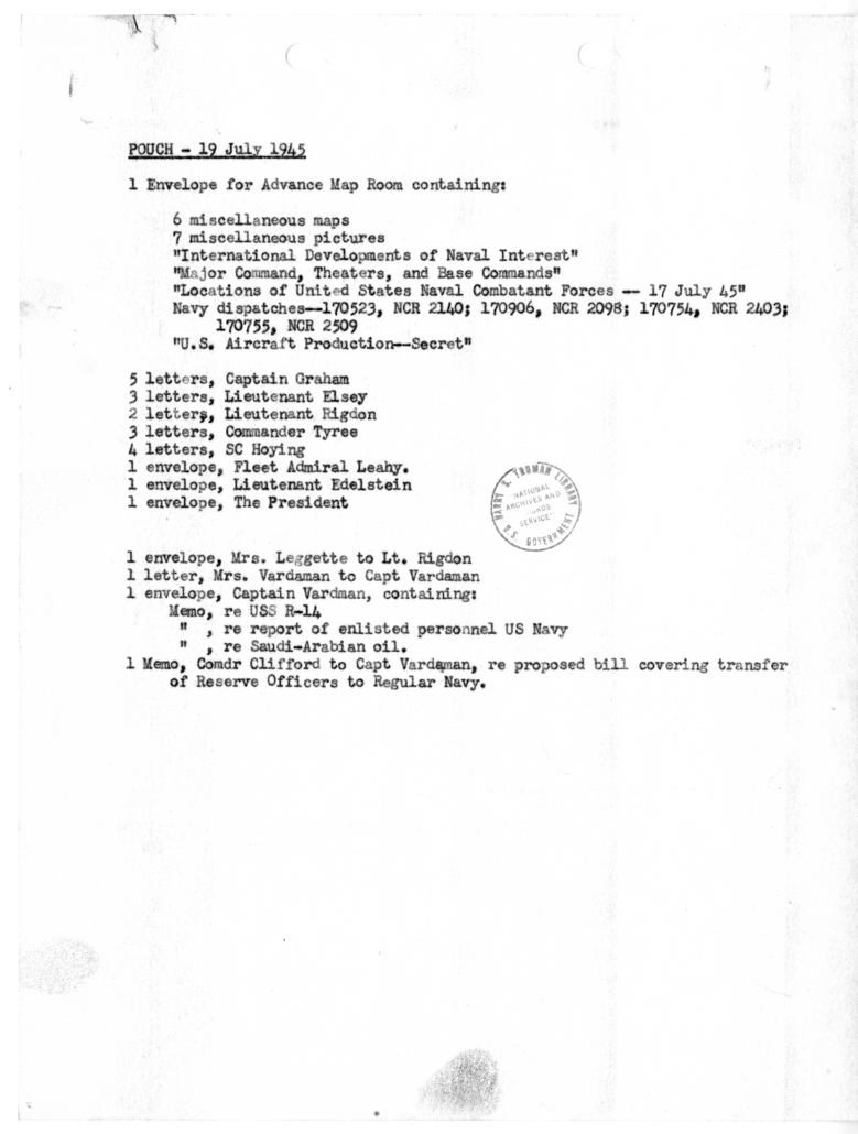 List of Contents of Diplomatic Pouch