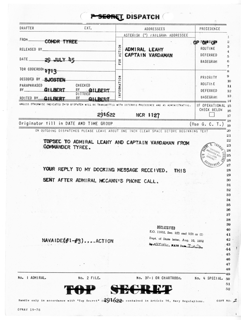 Dispatch from Commander Tyree to Admiral William Leahy and Captain James Vardaman