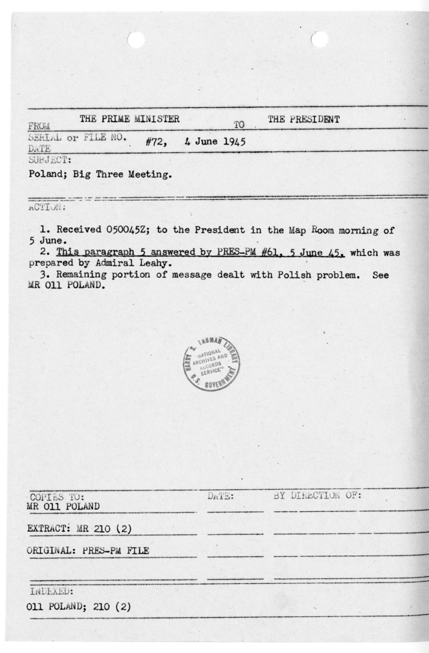 File Memo for Correspondence from Prime Minister Winston Churchill to President Harry S. Truman