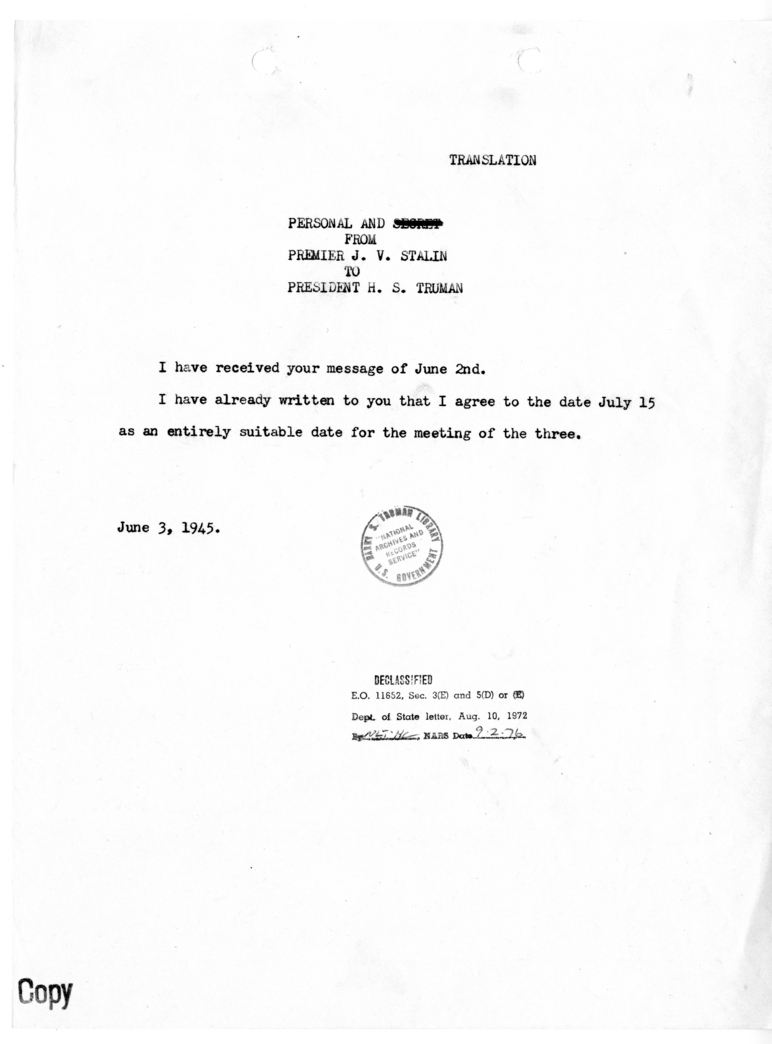 Translation of Cable from Premier Joseph V. Stalin to President Harry S. Truman