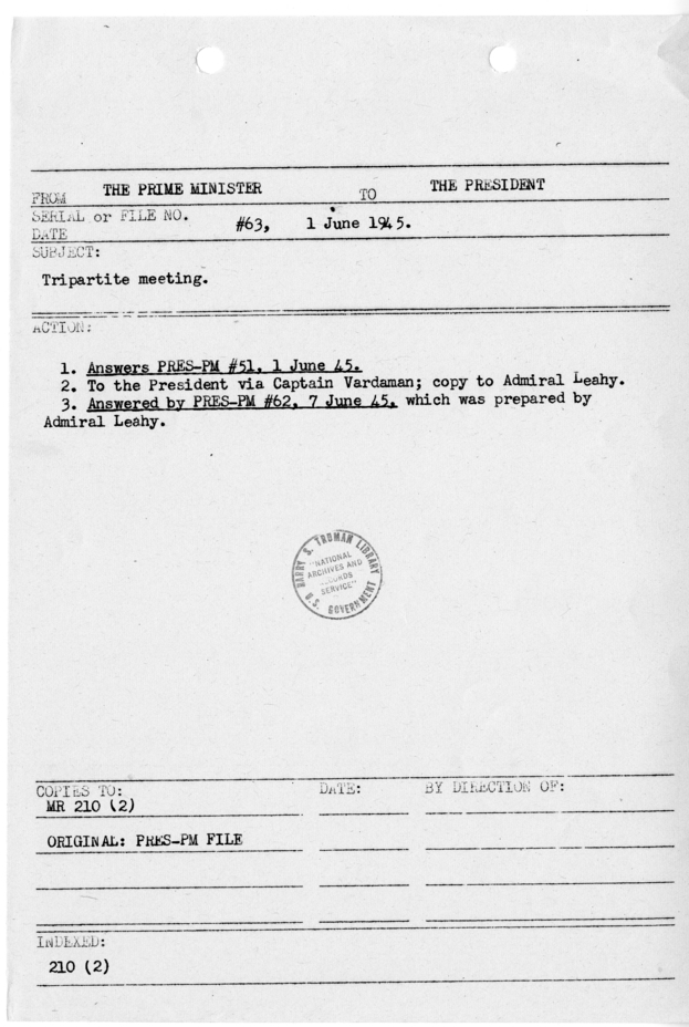 File Memo for Correspondence from Prime Minister Winston Churchill to President Harry S. Truman