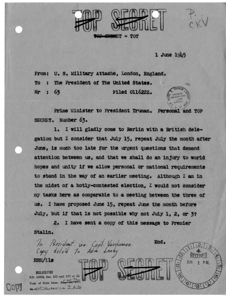 Cable from Prime Minister Winston Churchill to President Harry S. Truman [NR 63]