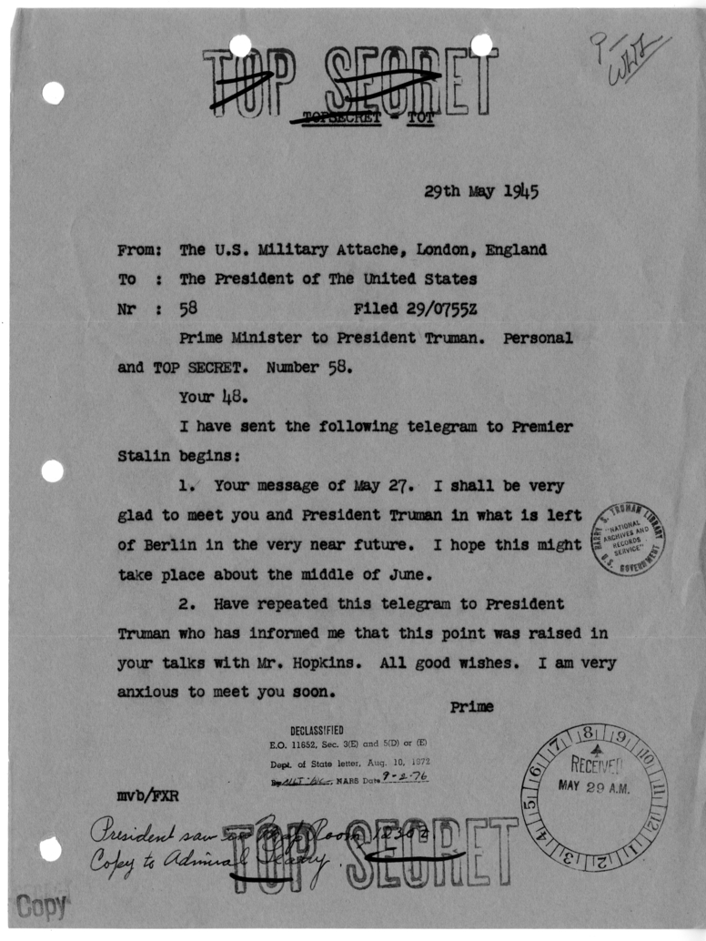 Cable from Prime Minister Winston Churchill to President Harry S. Truman [NR 58]