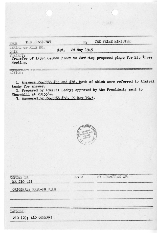 File Memo for Correspondence from President Harry S. Truman to Prime Minister Winston Churchill