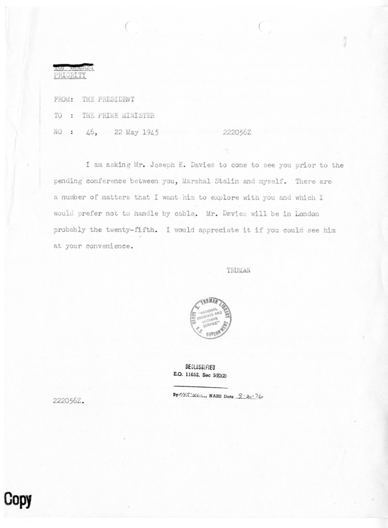 Cable from President Harry S. Truman to Prime Minister Winston Churchill