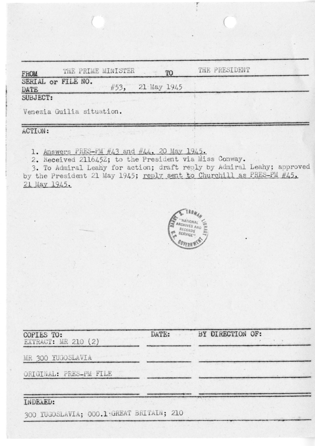 File Memo for Correspondence from Prime Minister Winston Churchill to President Harry S. Truman