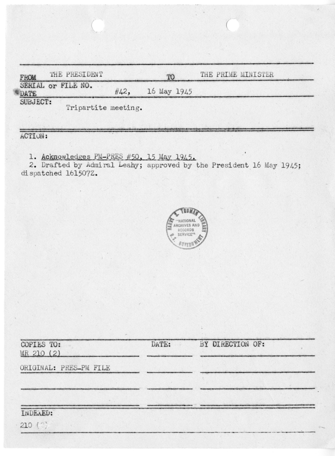 File Memo for Correspondence from President Harry S. Truman to Prime Minister Winston Churchill