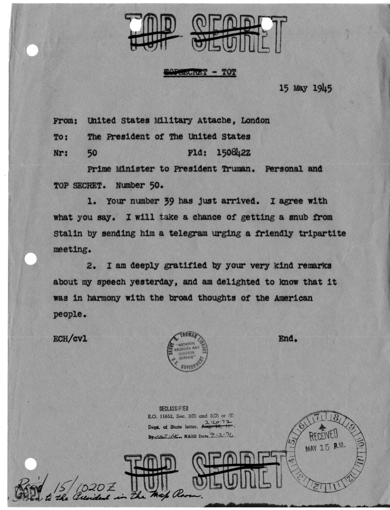 Cable from Prime Minister Winston Churchill to President Harry S. Truman [NR 50]