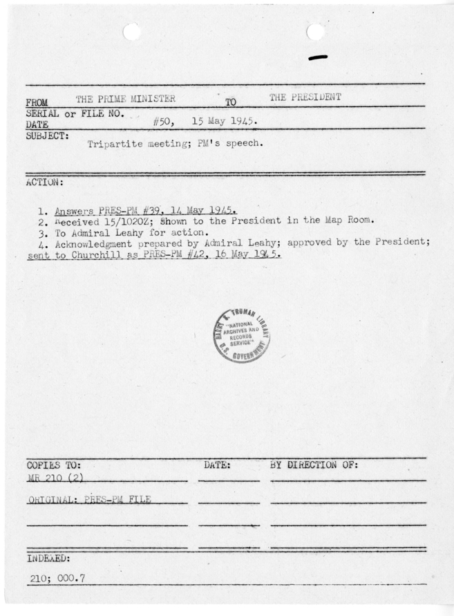 File Memo for Correspondence from Prime Minister Winston Churchill to President Harry S. Truman