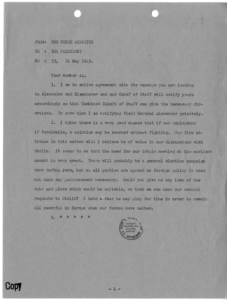 Cable from Prime Minister Winston Churchill to President Harry S. Truman [NR 53]