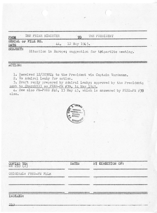 File Memo for Correspondence from Prime Minister Winston Churchill to President Harry S. Truman