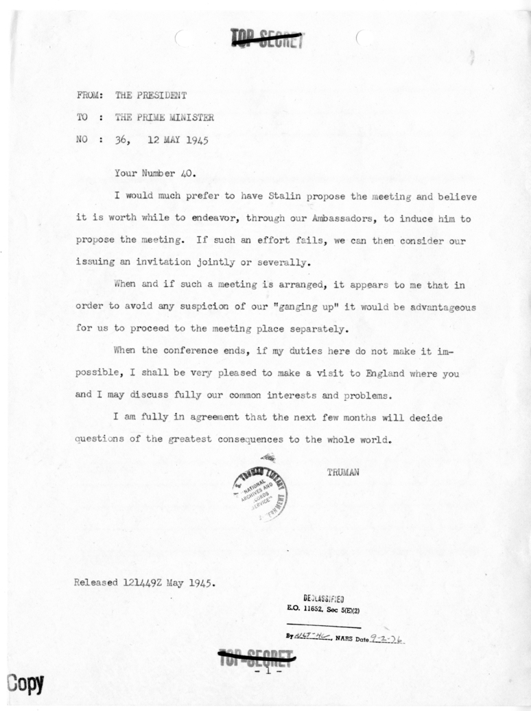 Cable from President Harry S. Truman to Prime Minister Winston Churchill [NR 36]