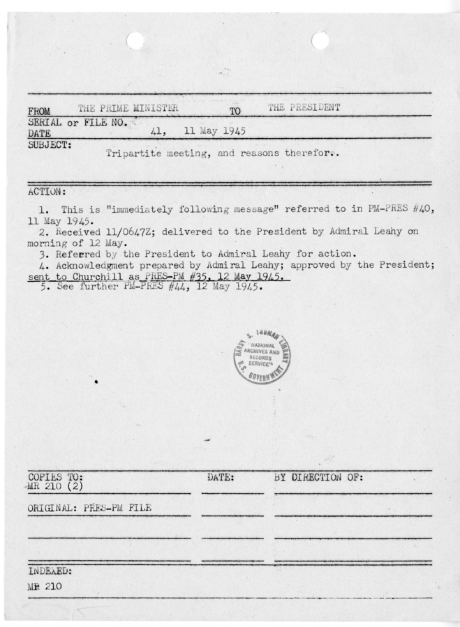 File Memo for Correspondence from Prime Minister Winston Churchill to President Harry S. Truman