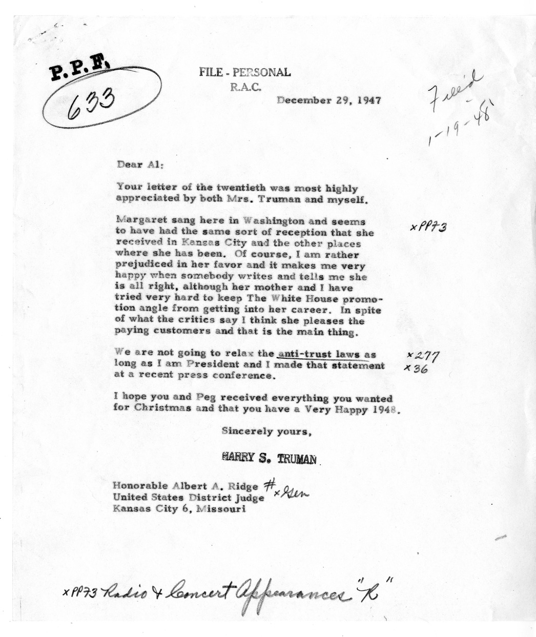 Correspondence Between President Harry S. Truman and Albert A. Ridge