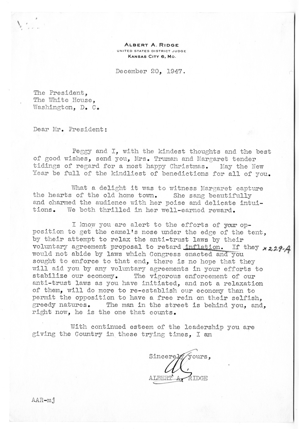 Correspondence Between President Harry S. Truman and Albert A. Ridge