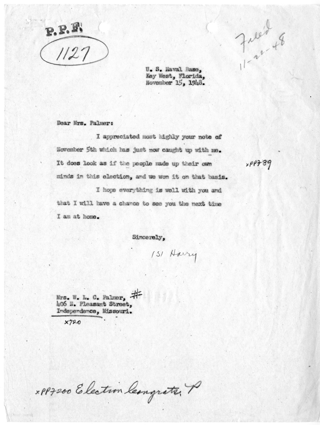 Correspondence Between President Harry S. Truman and Ardelia Palmer