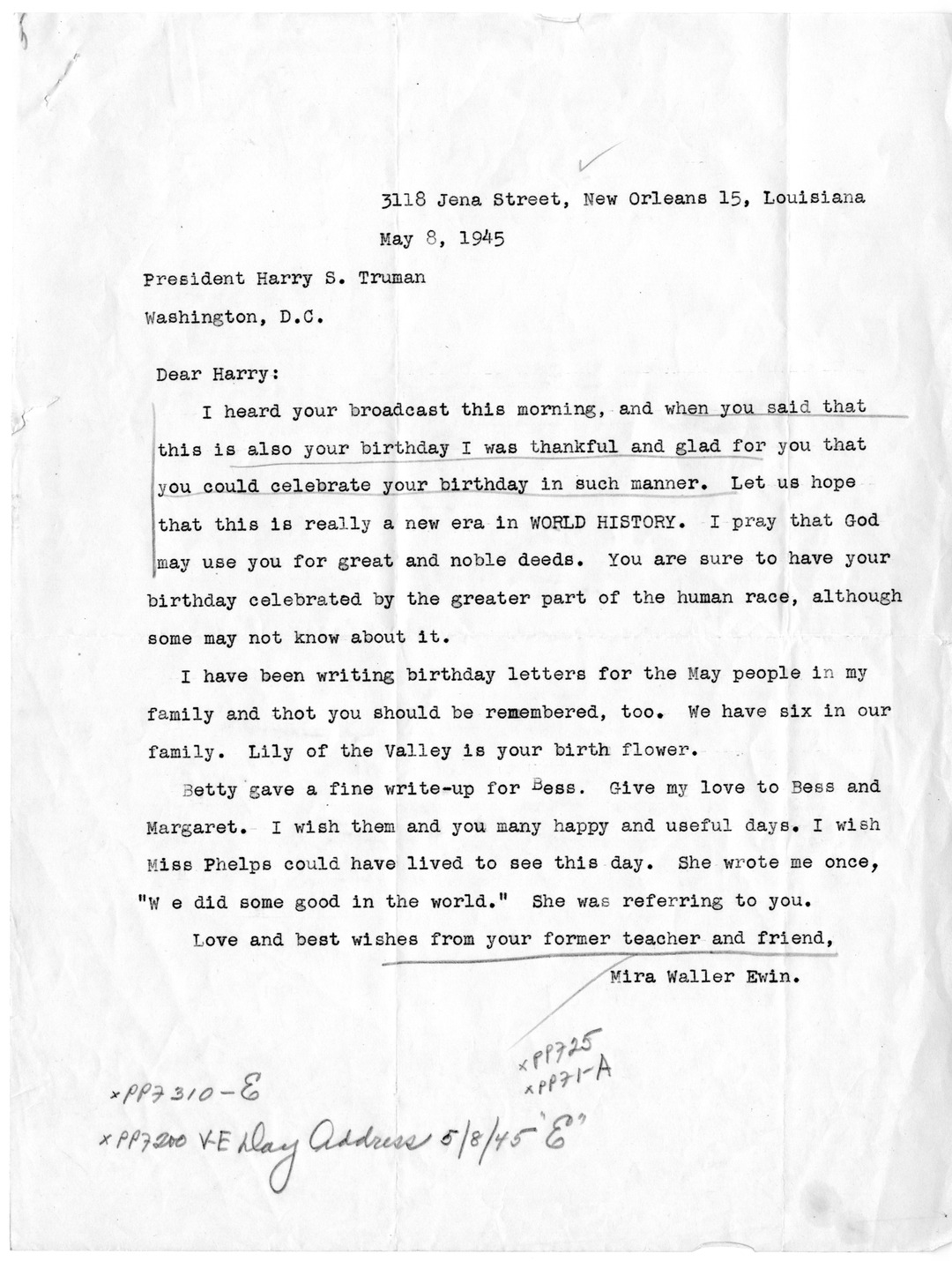 Correspondence Between President Harry S. Truman and Mira W. Ewin