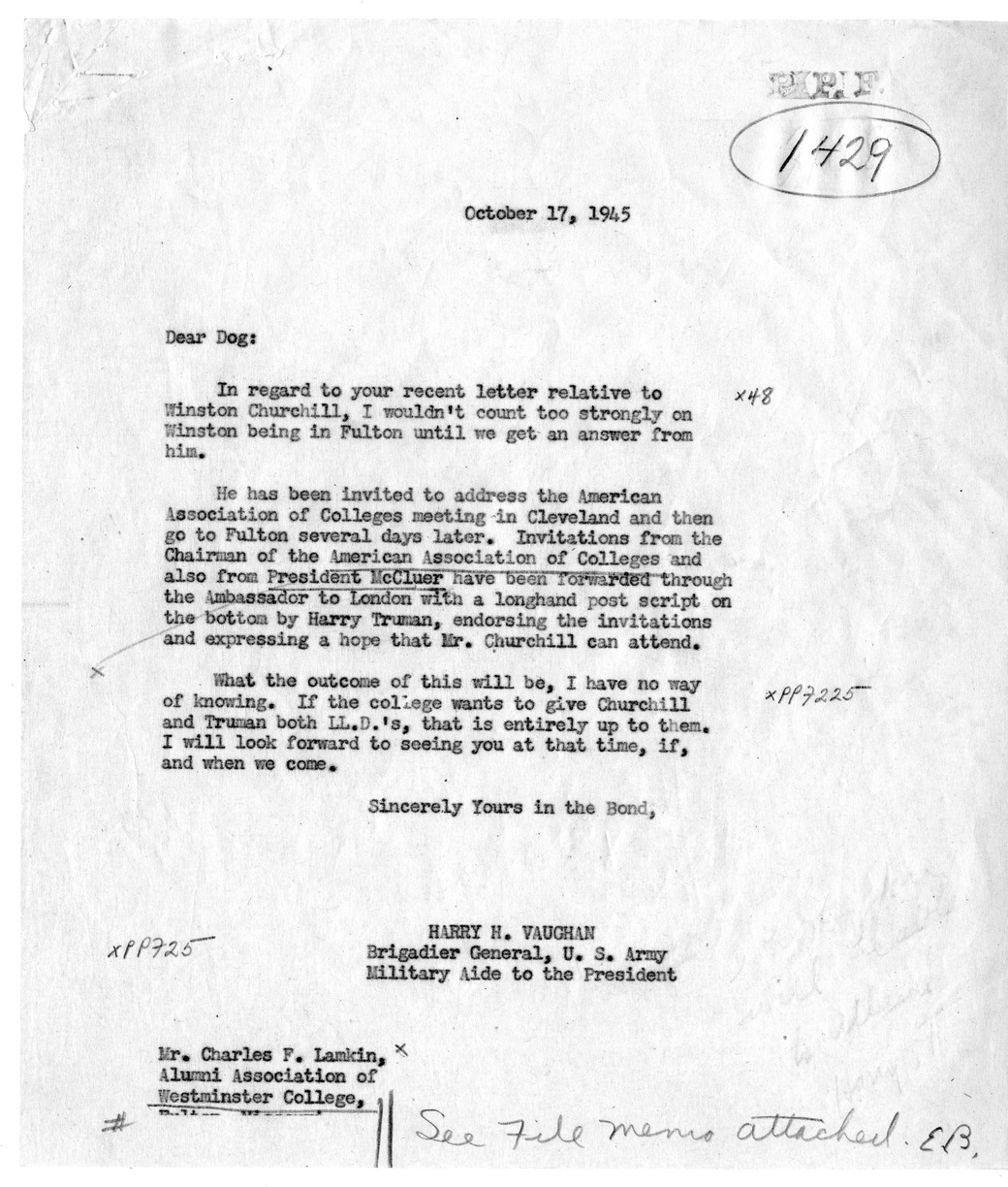 Correspondence Between Brigadier General Harry H. Vaughan and Charles F. Lamkin, with Related Material