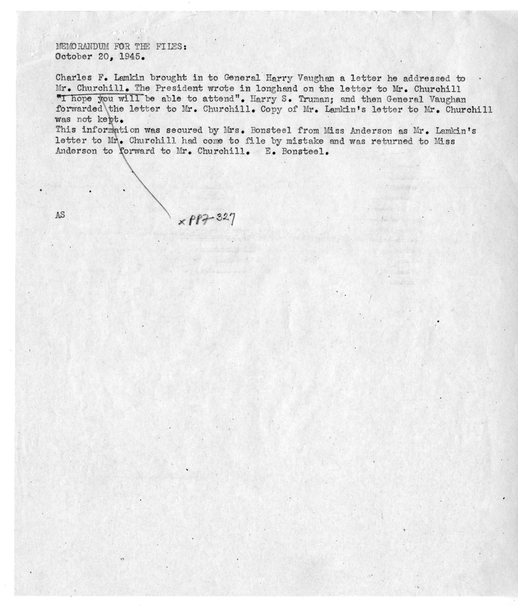 Correspondence Between Brigadier General Harry H. Vaughan and Charles F. Lamkin, with Related Material