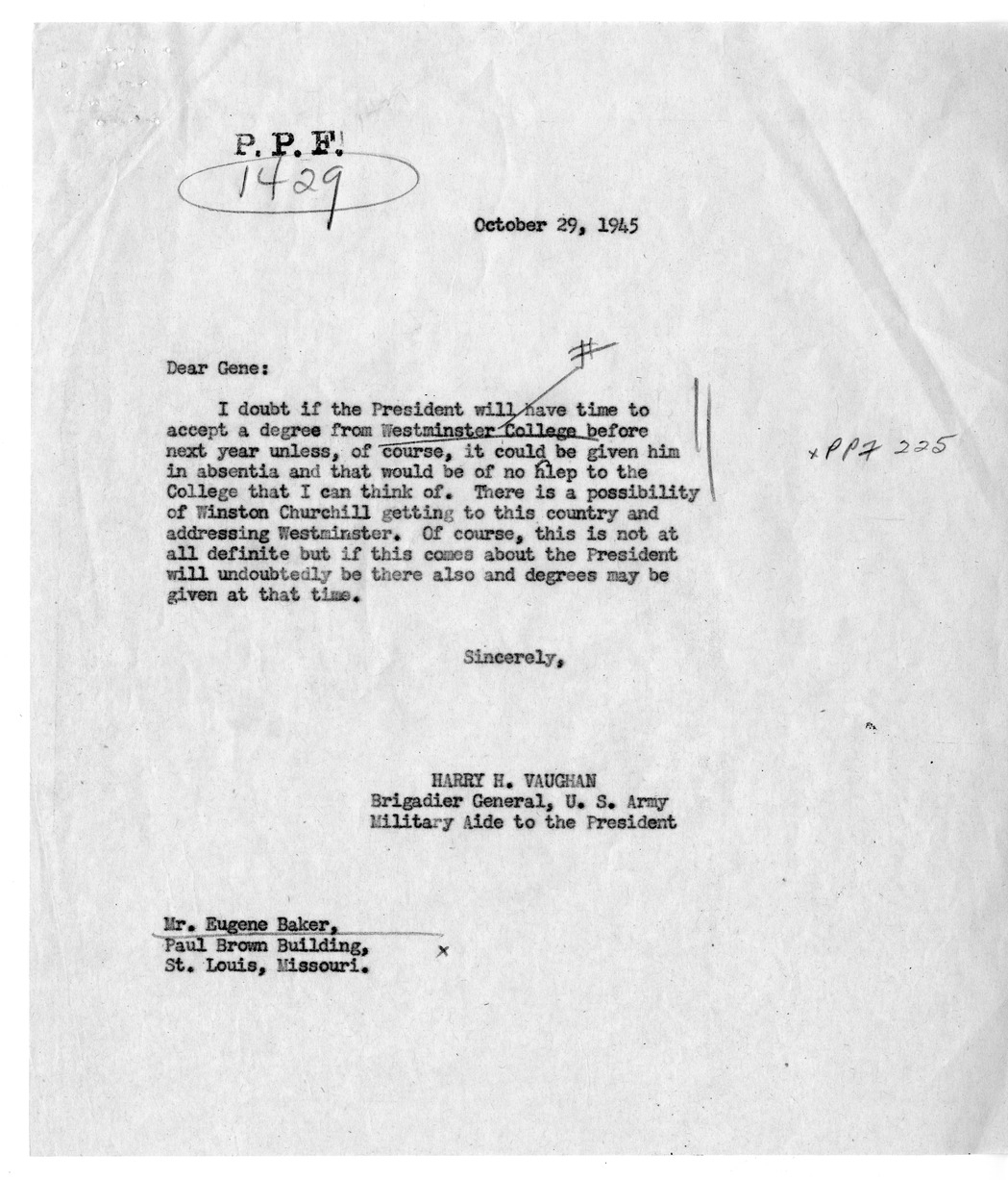 Correspondence Between Eugene Baker and Brigadier General Harry H. Vaughan