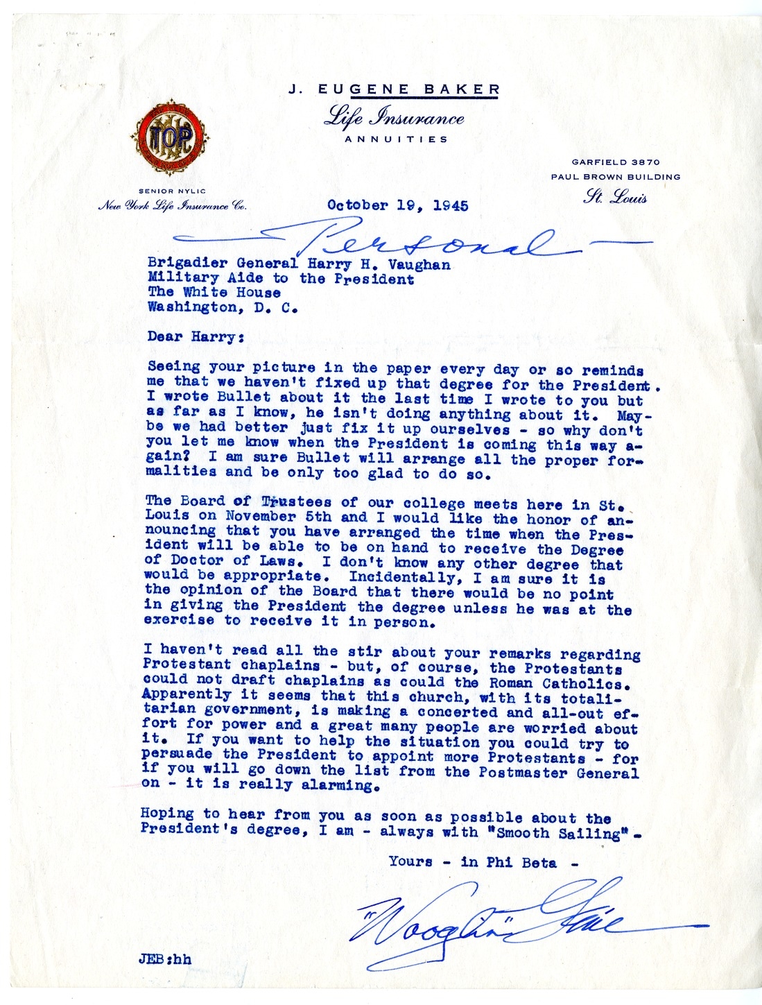 Correspondence Between Eugene Baker and Brigadier General Harry H. Vaughan