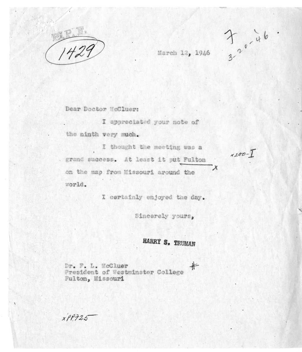 Correspondence Between Dr. F. L. McCluer and President Harry S. Truman