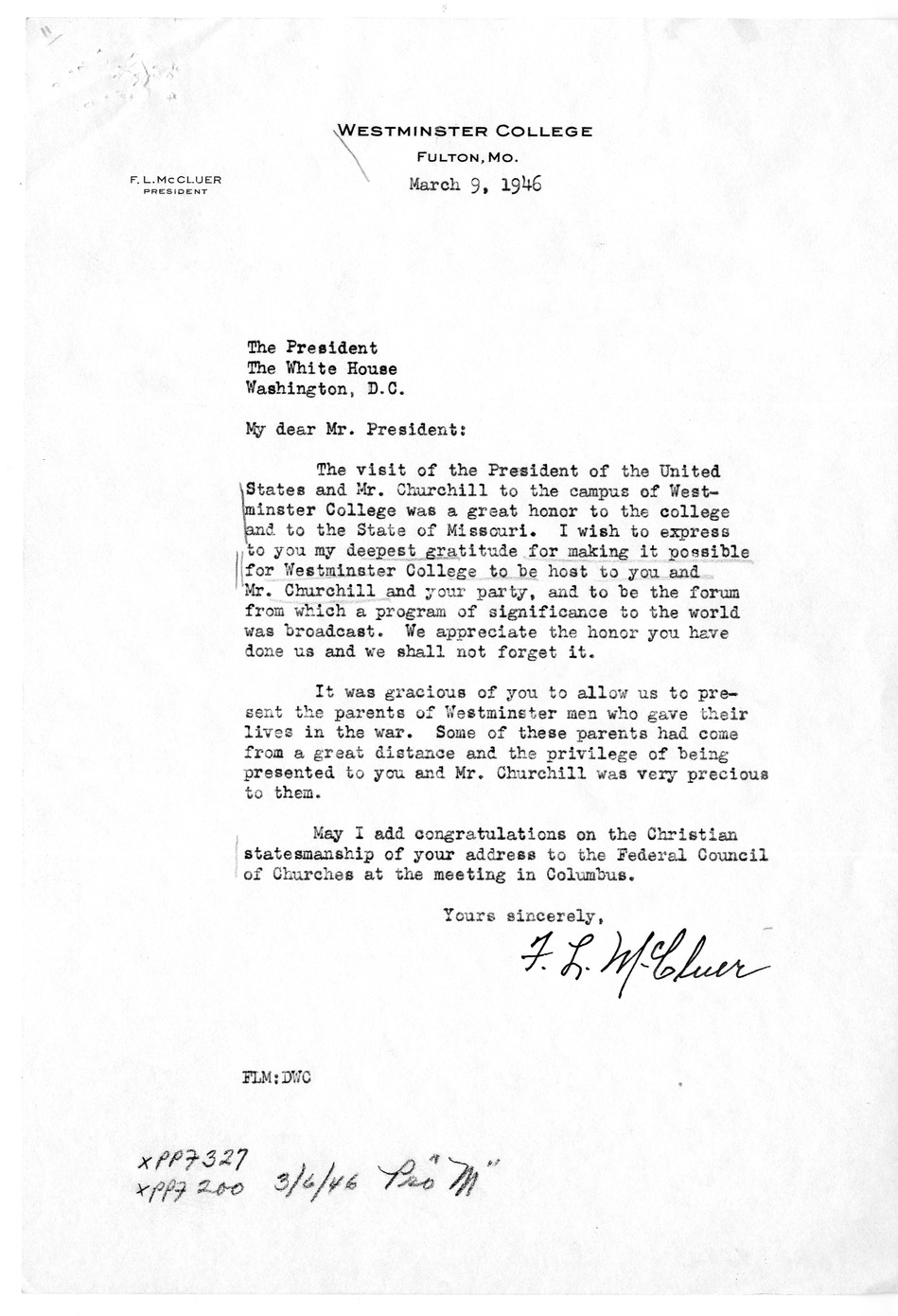 Correspondence Between Dr. F. L. McCluer and President Harry S. Truman