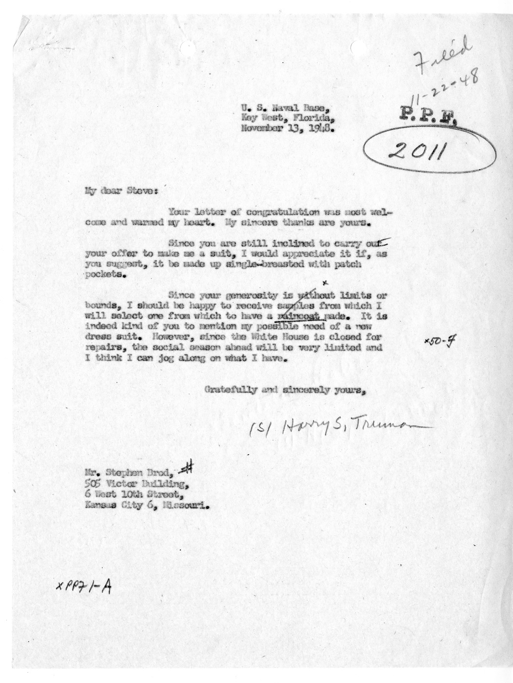 Correspondence Between President Harry S. Truman and Stephen Brod