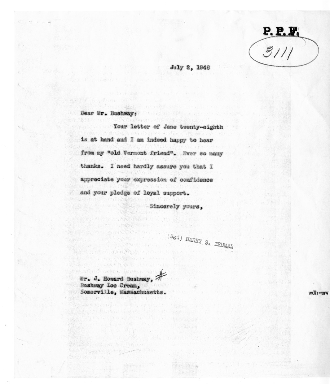 Correspondence Between President Harry S. Truman and J. Howard Bushway