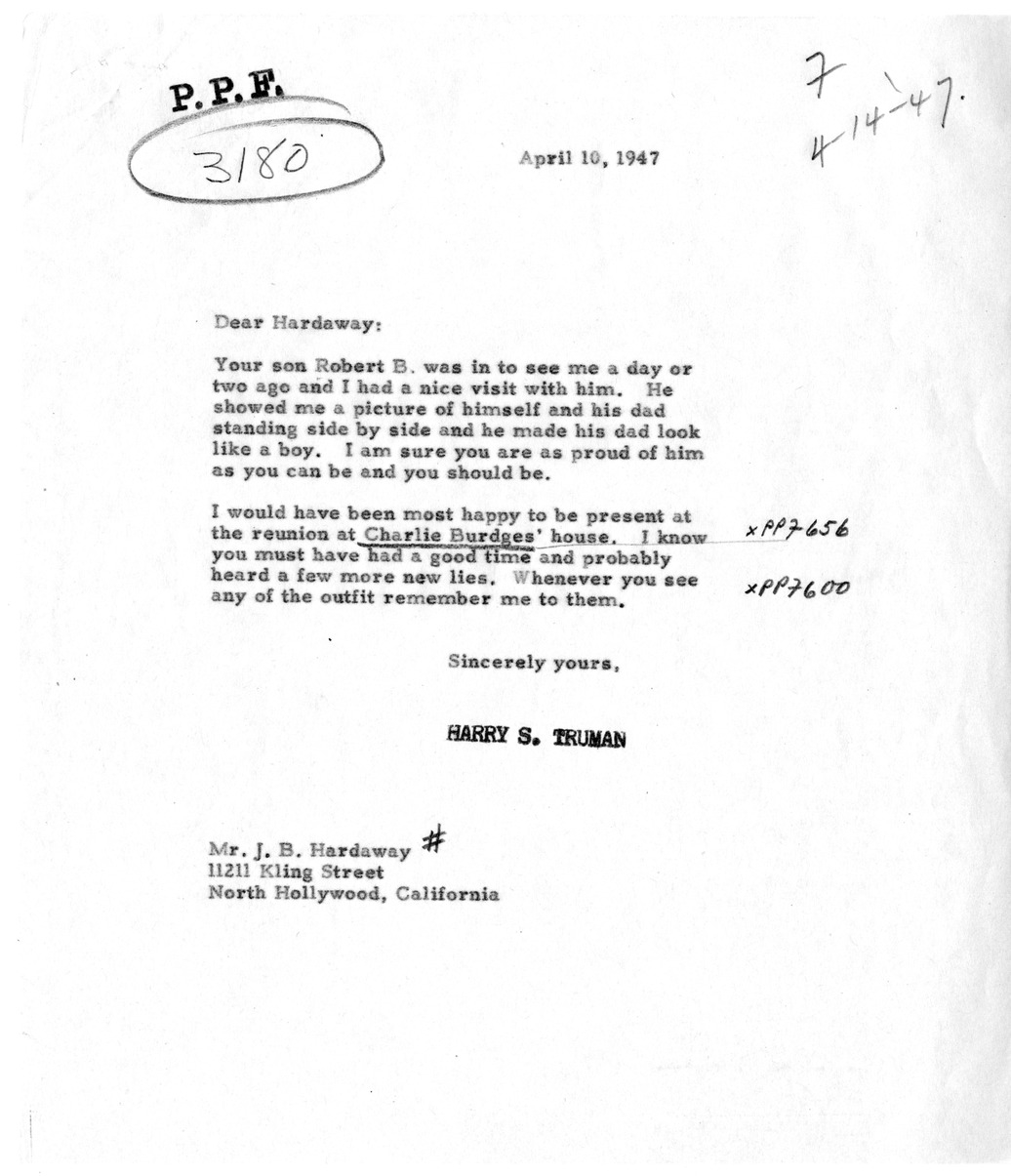 Correspondence Between President Harry S. Truman and Joseph B. Hardaway