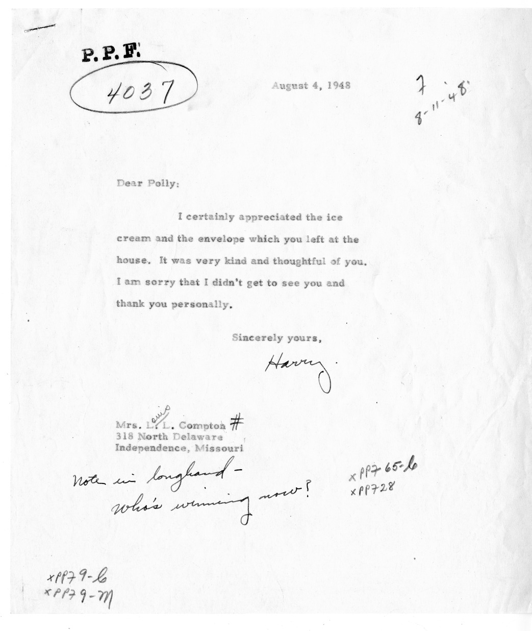 Correspondence Between President Harry S. Truman and Louis L. Compton