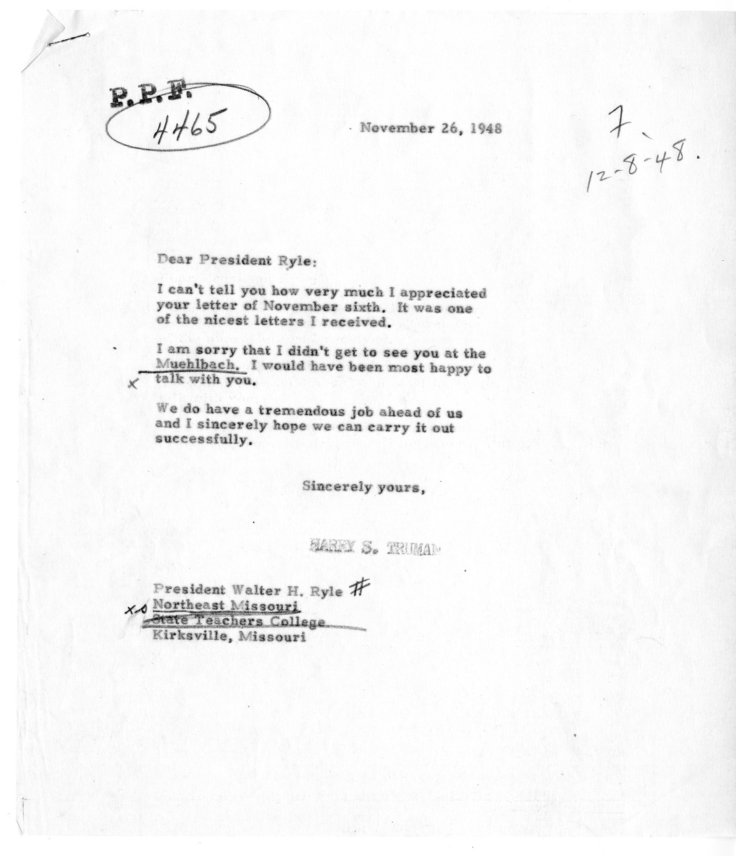 Correspondence Between President Harry S. Truman and Walter H. Ryle