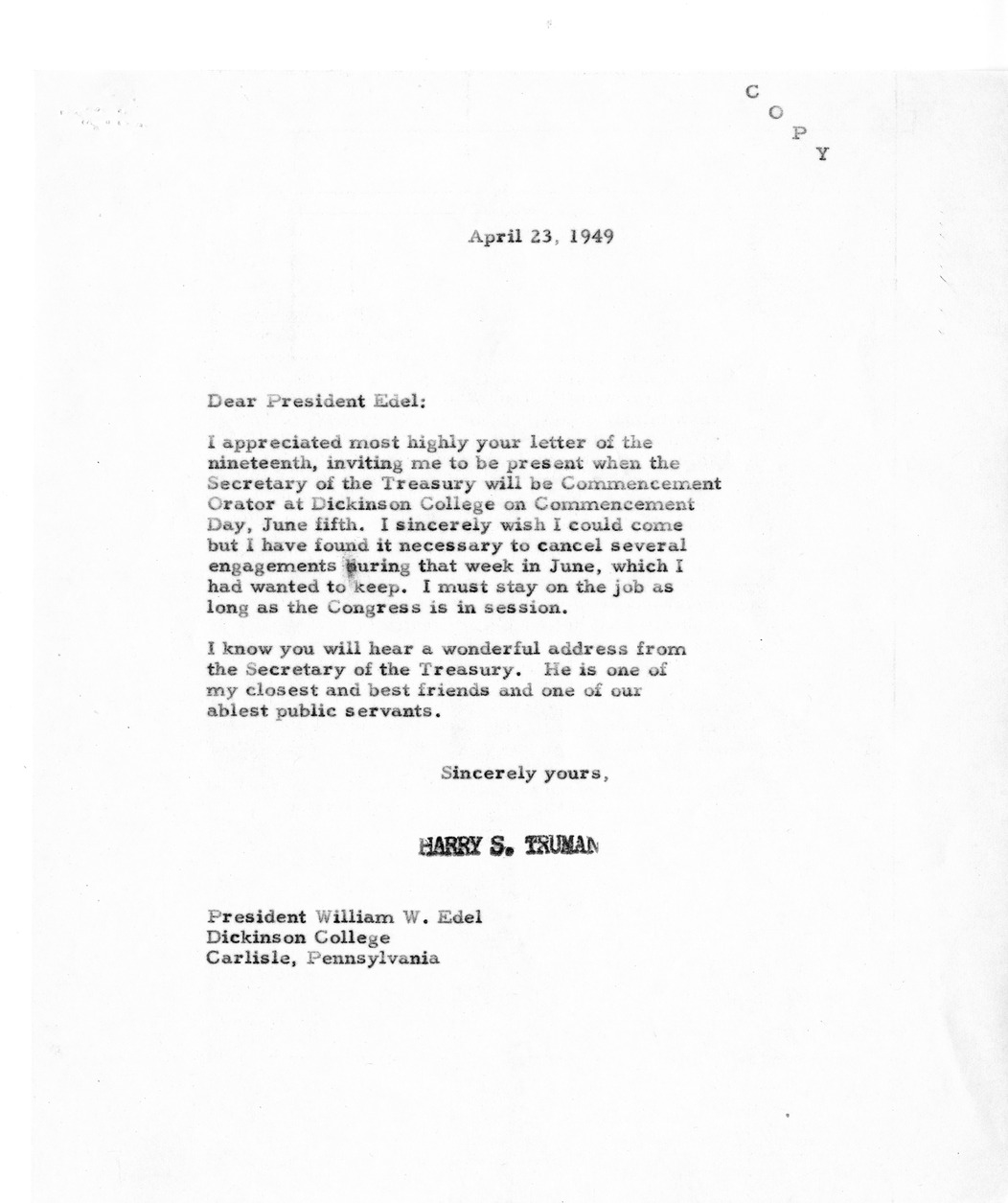 Correspondence Between William W. Edel and President Harry S. Truman