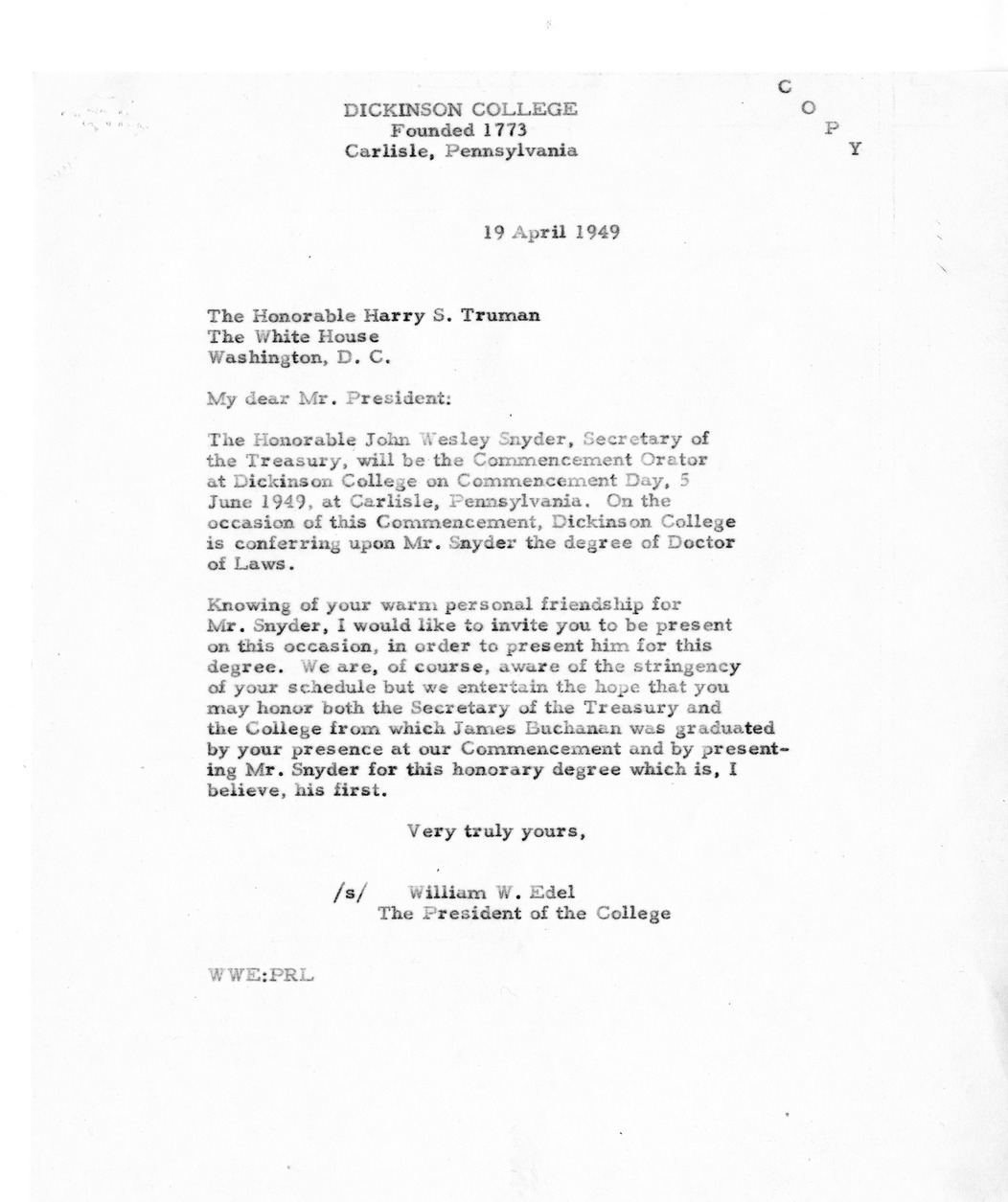 Correspondence Between William W. Edel and President Harry S. Truman