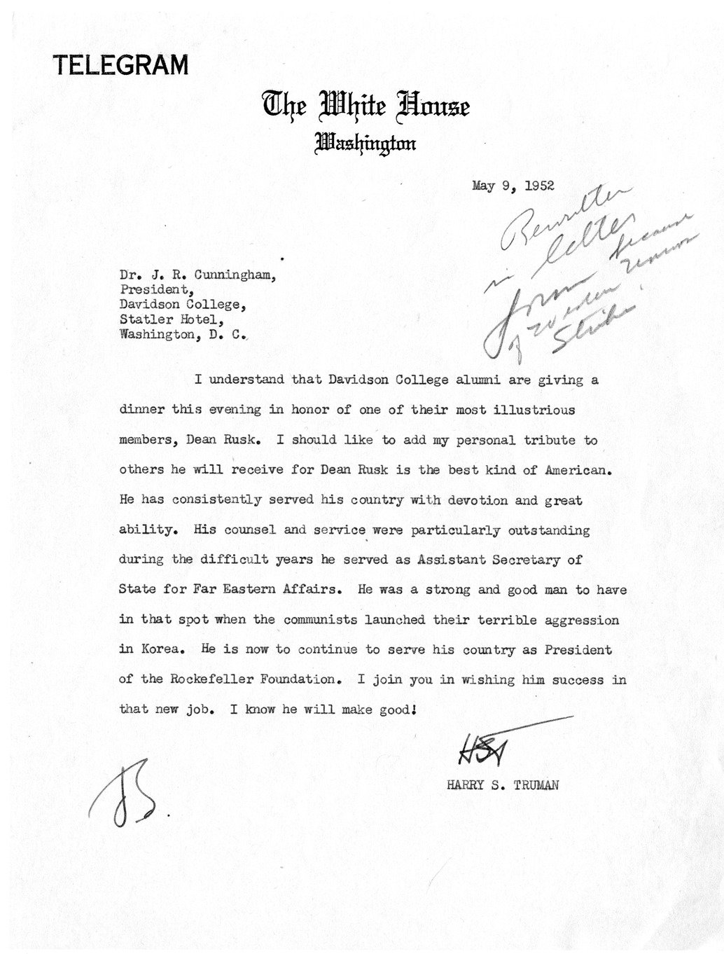 Letter from President Harry S. Truman to Dr. J. R. Cunningham, with Related Material