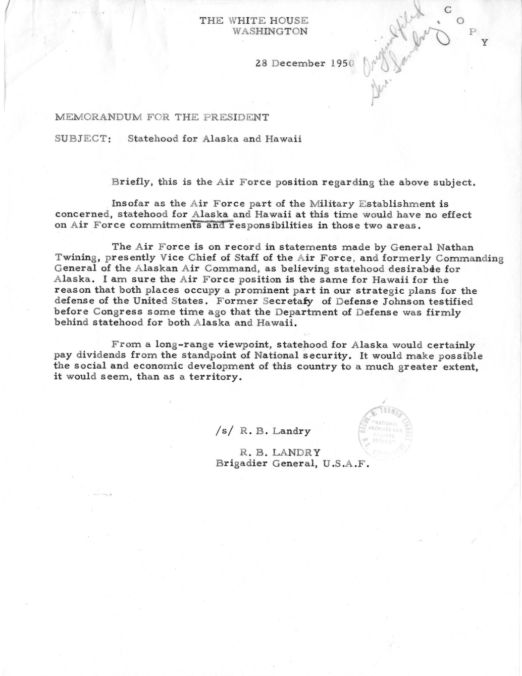 Memorandum from General Robert Landry to President Harry S. Truman, with Related Material