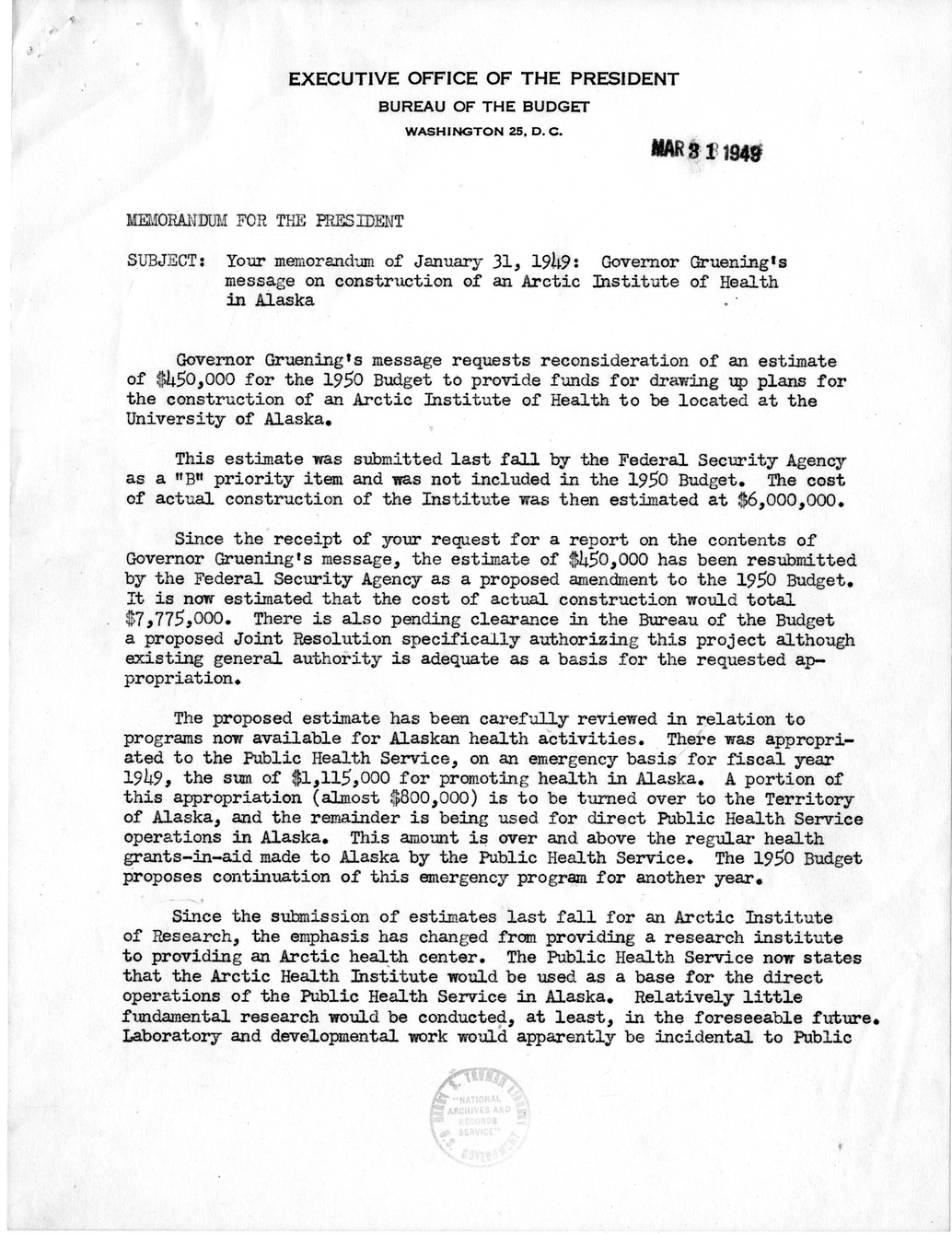 Memorandum from General Robert Landry to President Harry S. Truman, with Related Material