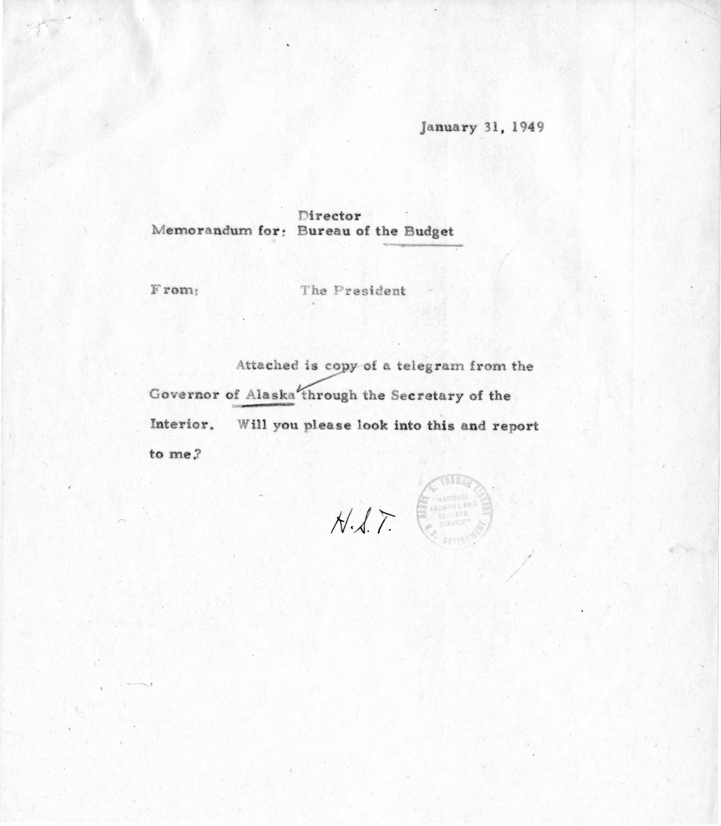 Memorandum from General Robert Landry to President Harry S. Truman, with Related Material