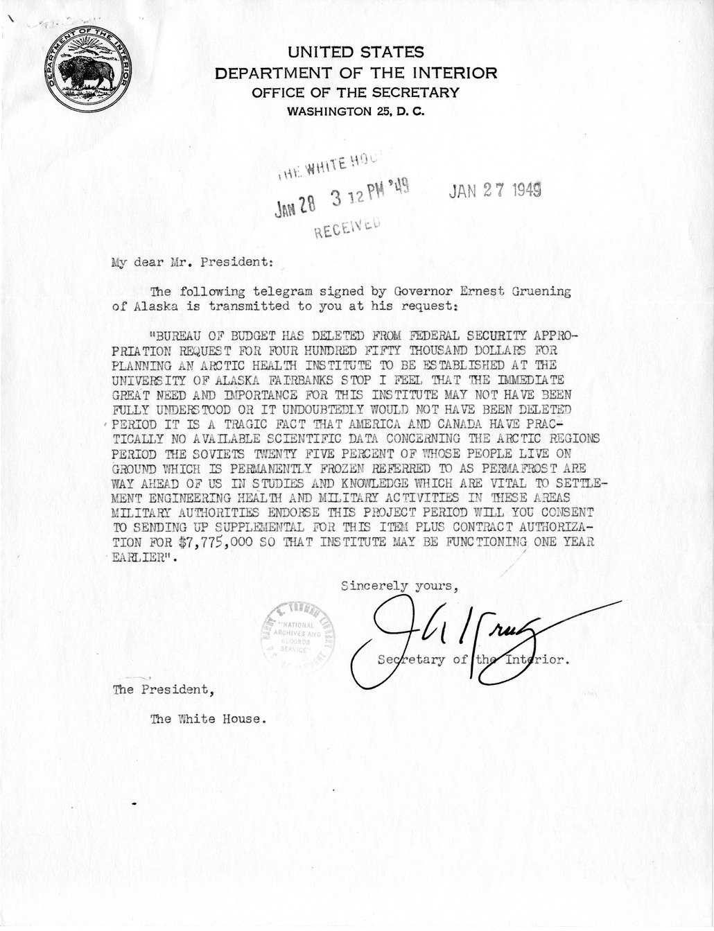 Memorandum from General Robert Landry to President Harry S. Truman, with Related Material