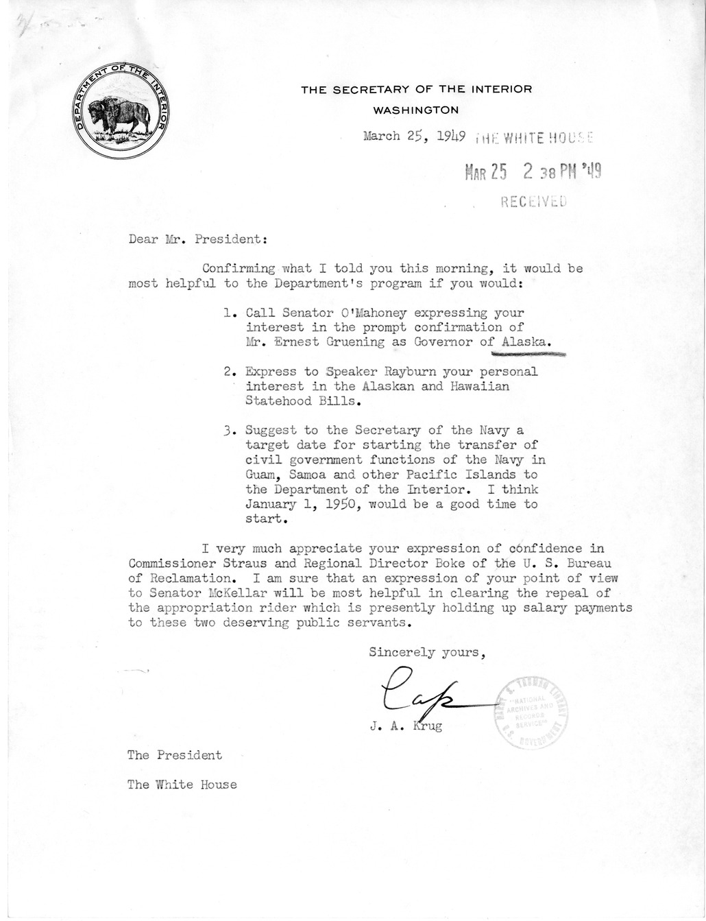 Memorandum from General Robert Landry to President Harry S. Truman, with Related Material